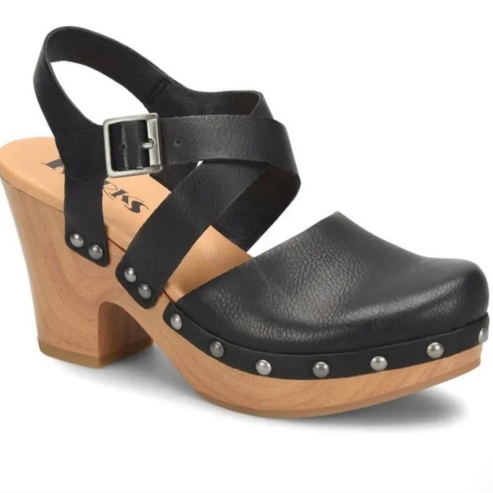 KORKS | Black Leather Clogs Abloom Strappy Platform Slingback Wood look | Size 9